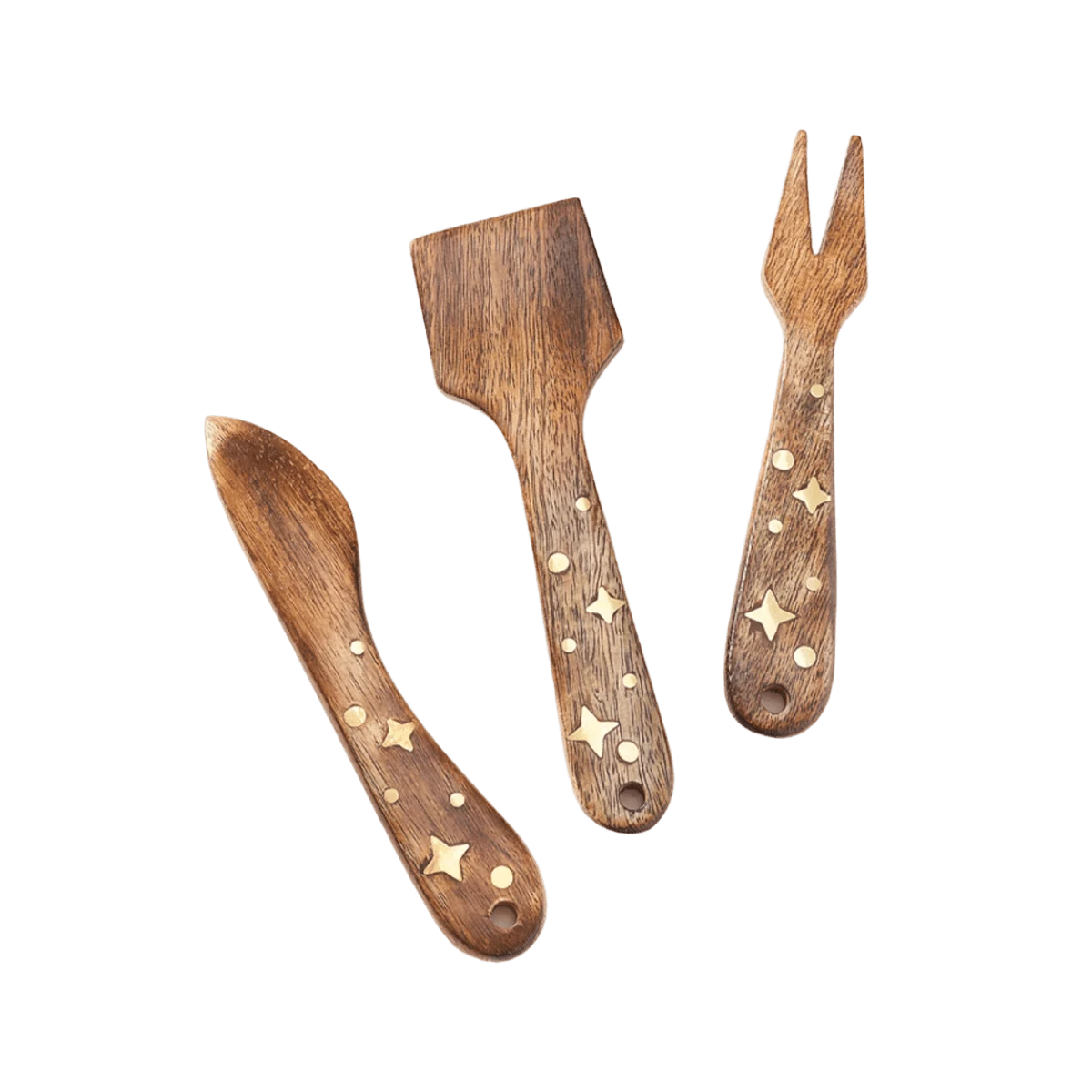 Nakshatra Stars Cheese Knives Set Of 3 - Wood, Brass Inlay 1 Nakshatra Stars Cheese Knives Set Of 3 - Wood, Brass Inlay