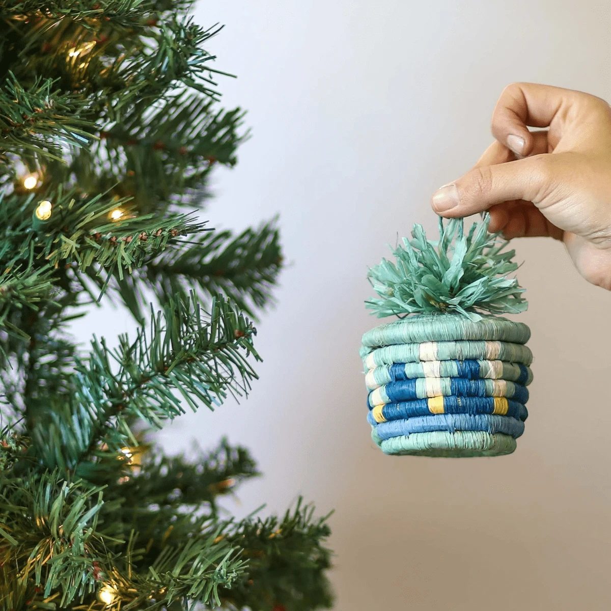 Blue Patterned Pom Pom Basket Holiday Ornament 1 Blue Patterned Pom Pom Basket Holiday Ornament