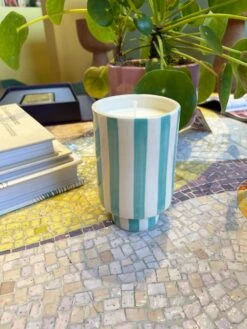 Jungalow Kaya Ceramic Candle - Aqua Stripe/Plumeria -Jungalow bluestripecandle